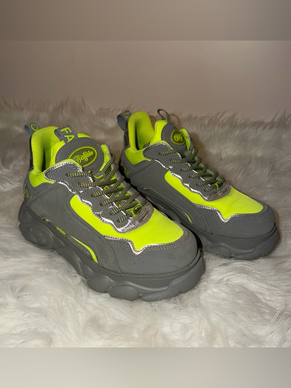 Buffalo Gray & Neon Yellow Platform Sneakers